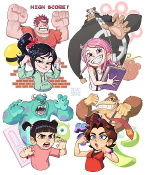 4girls 5boys :3 animal_ears artist_name bartholomew_kuma bear_ears black_hair black_jacket blue_eyes blunt_bangs boo_(monsters_inc.) book brown_eyes brown_hair claw_pose clenched_hands closed_mouth collarbone commentary curtained_hair dark-skinned_male dark_skin devil_fruit devil_fruit_power donkey_kong donkey_kong_(series) donkey_kong_bananza door double_biceps_pose dress english_commentary eyelashes flexing freckles grin hat highres holding holding_book horns jacket james_p._sullivan jewel_under_eye jewelry_bonney long_hair looking_at_viewer mike_wazowski monster_boy monsters_inc. multiple_boys multiple_girls necktie nintendo odd_rock one_piece open_mouth pac-man pac-man_(game) pauline_(mario) pauline_(young)_(mario) percodine pink_hair pink_shirt pixel_text ponytail purple_eyes red_dress red_necktie red_shirt roaring shirt short_hair short_sleeves short_twintails smile tank_top teeth trait_connection twintails vanellope_von_schweetz white_hat white_tank_top wreck-it_ralph wreck-it_ralph_(character)