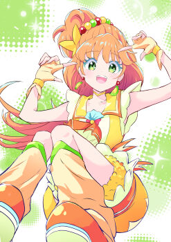 1girl absurdres ascot beads blue_eyes brooch colored_eyelashes commentary cure_papaya dress earrings fingerless_gloves floating flower food-themed_earrings gloves green_background green_eyes hair_beads hair_flower hair_ornament highres ichinose_minori jewelry keijirou_(mukunozaltusou) long_hair looking_at_viewer loose_socks magical_girl open_mouth orange_ascot orange_hair orange_shoes pointing pointing_at_self precure sailor_collar shell_brooch shoes short_dress sleeveless sleeveless_dress smile socks solo thick_eyelashes tropical-rouge!_precure yellow_ascot yellow_dress yellow_gloves yellow_sailor_collar yellow_socks