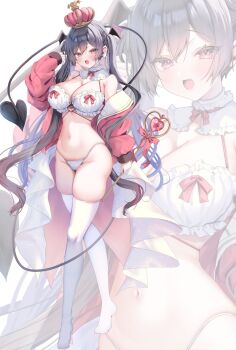 1girl :d arched_crown ayuma_sayu bare_shoulders black_hair blush bra breasts cleavage commentary_request crown demon_girl demon_tail detached_collar double-parted_bangs fangs frilled_bra frills full_body gradient_hair groin hair_between_eyes head_wings heart_wand highleg highleg_panties highres holding holding_wand jacket large_breasts lingerie long_hair long_sleeves looking_at_viewer multicolored_hair narrow_waist navel no_shoes off_shoulder open_clothes open_jacket open_mouth original panties puritan_collar raised_eyebrows red_eyes red_jacket riasu-chan_(ayuma_sayu) skindentation smile solo stomach tail thighhighs thong tongue twintails underwear very_long_hair wand white_bra white_panties white_thighhighs wide_hips wings zoom_layer