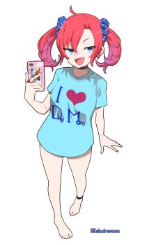 1girl absurdres barefoot blue_eyes blue_shirt breasts cellphone digimon digimon_card_game digimon_story:_cyber_sleuth full_body heart heart_print highres holding holding_phone kakudrawmon omegamon phone print_shirt red_hair shiramine_nokia shirt simple_background smartphone solo text_print transparent_background twintails