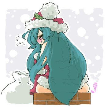 1girl alternate_body_size aqua_hair ass blush breasts chimney commentary_request curvy dress elbow_gloves flying_sweatdrops food-themed_hat_ornament from_behind frown fur-trimmed_dress fur-trimmed_gloves fur_trim gloves hat hat_ornament highres inconvenient_ass large_breasts long_hair pout red_gloves sack santa_costume santa_dress santa_hat seki_(red_shine) short_dress solo touhoku_zunko very_long_hair voiceroid x-ray