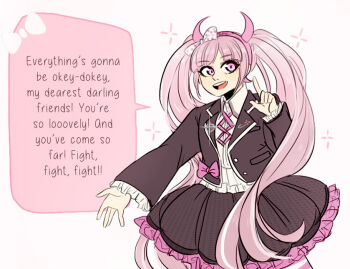 1girl black_jacket black_skirt bow child collared_shirt danganronpa_(series) danganronpa_another_episode:_ultra_despair_girls encouragement english_text eyebrows eyelashes fake_horns female_focus finger_up hairband hand_up headband horned_headwear horns jacket long_sleeves looking_at_viewer ministarfruit multicolored_bow multicolored_skirt multicolored_thighhighs neck_ribbon parted_bangs pink_bow pink_eyes pink_hair pink_hairband pink_headband pink_headwear pink_horns pink_ribbon pink_skirt ribbon frilled_shirt safety_pin shirt simple_background skirt solo solo_focus sparkle speech_bubble standing striped_clothes striped_thighhighs talking teeth thighhighs upper_teeth_only utsugi_kotoko white_background white_bow white_shirt