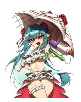 Rule 34 | 1girl, bikini, black survival, blue hair, character request, eternal return: black survival, flower, frilled bikini, frills, gun, highres, holding, holding gun, holding umbrella, holding weapon, long hair, narrow waist, open mouth, red eyes, red flower, simple background, smile, solo, sparkling eyes, suillus, swimsuit, umbrella, water gun, weapon, white background, white bikini
