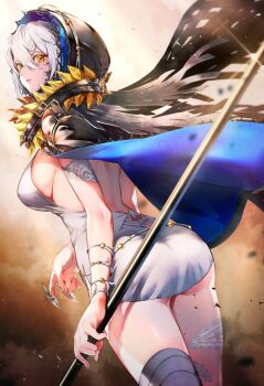 1girl absurdres ass back backless_dress backless_outfit black_cloak blue_cape breasts cape cloak code_vein commentary_request dress female_focus from_behind hair_between_eyes highres holding holding_weapon hood hood_up hooded hooded_cloak io_(code_vein) jewelry large_breasts lips looking_at_viewer parted_lips polearm short_hair sideboob solo tarutaru_yamaoka torn_clothes torn_dress vampire weapon white_dress white_hair yellow_eyes