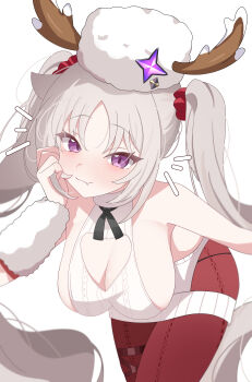 1girl :3 absurdres antlers arm_warmers bare_shoulders bent_over blush breasts cleavage closed_mouth commentary dress fang fur_arm_warmers fur_hat fur_trim grey_hair halterneck hand_on_own_cheek hand_on_own_face hat hat_ornament highres horns horns_through_headwear kanimiso30601 large_breasts laru_(snowish)_(stella_sora) laru_(stella_sora) long_hair looking_at_viewer notice_lines official_alternate_costume panties panties_over_pantyhose panty_straps pantyhose papakha parted_bangs red_pantyhose santa_costume sideboob sideless_outfit sideless_sweater sidelocks simple_background skin_fang sleeveless sleeveless_sweater smile solo standing star_(symbol) stella_sora sweater sweater_dress symbol-only_commentary thighs twintails underwear very_long_hair white_background white_sweater