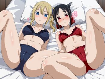 2girls ass bed black_hair blonde_hair blue_bow blue_bra blue_eyes blue_panties blush bow bow_bra bow_panties bra breasts commentary_request crotch_seam folded_ponytail hair_between_eyes hair_ribbon hayasaka_ai highres kaguya-sama_wa_kokurasetai_~tensai-tachi_no_renai_zunousen~ lace lace-trimmed_bra lace_trim long_hair looking_at_viewer lying multiple_girls navel on_back panties parted_bangs red_bow red_bra red_eyes red_panties red_ribbon ribbon shiitake_taishi shinomiya_kaguya side_ponytail stomach thighs underwear underwear_only