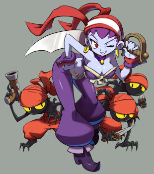 1girl bandana bare_shoulders blue_skin bone_bra bone_panties breasts cleavage colored_skin dagger earrings gun handgun hat hoop_earrings jewelry knife large_breasts lips looking_at_viewer navel official_art pirate_hat pistol purple_hair red_eyes risky_boots scimitar shantae_(series) stomach sword tinkerbat v-shaped_eyebrows weapon yellow_eyes