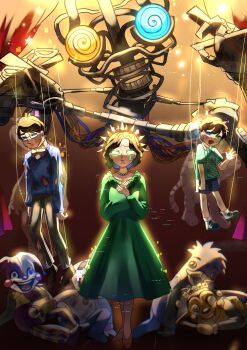 1girl 2boys black_hair black_pants black_shorts blue_eyes blue_sweater bow bowtie cable commentary_request david_murray dress edwin_murray empty_eyes family fiona_murray five_nights_at_freddy&#039;s five_nights_at_freddy&#039;s:_secret_of_the_mimic glasses green_dress green_eyes green_shirt headdress highres jewelry long_sleeves manon0127 marionette mascot_costume multiple_boys necklace pants pearl_necklace puppet puppet_strings red_bow red_bowtie robot shirt short_hair short_sleeves shorts sweater teardrop the_mimic_(fnaf) torn_clothes waving