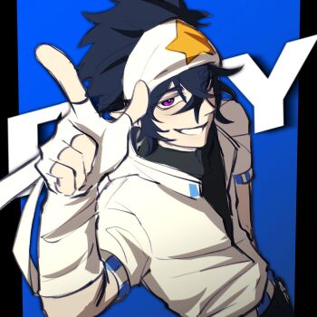 Rule 34 | 1boy, aotu world, aslet, bandana, black hair, black pants, black shirt, blue background, character name, chinese commentary, commentary request, english text, fingerless gloves, gloves, grin, hair between eyes, headband, highres, hood, hood down, hooded jacket, jacket, looking at viewer, male focus, pants, pointing, pointing up, pointy ears, print headband, purple eyes, ray (aotu world), shirt, short sleeves, simple background, smile, solo, star (symbol), star print, teeth, turtleneck, upper body, white gloves, white headband, white jacket