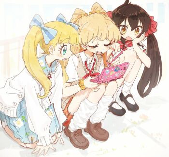 3girls blonde_hair blush bow bracelet brown_hair closed_eyes hair_bow hair_ribbon highres idolmaster idolmaster_cinderella_girls jewelry jougasaki_rika loafers long_hair mary_cochran matoba_risa multiple_girls nendo23 open_mouth ribbon sexy_panthers_(idolmaster) shoes sitting skirt smile socks twintails very_long_hair