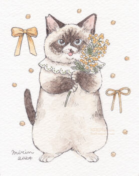 Rule 34 | animal, animal focus, artist name, blue eyes, bow, cat, commentary request, dated, flower, full body, highres, holding, holding flower, looking at viewer, millipen (medium), mirin (mirin 4), no humans, open mouth, original, painting (medium), pen (medium), rearing, ribbon, siamese cat, smile, standing, straight-on, tail, traditional media, watercolor (medium), white background, yellow bow, yellow ribbon