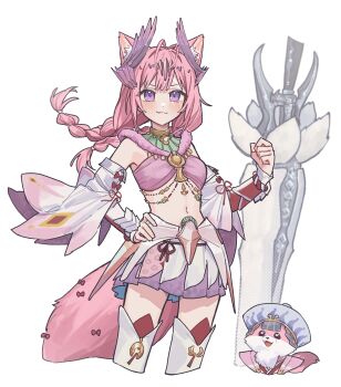 1girl absurdres alternate_costume animal_ear_fluff animal_ears animal_request antenna_hair blush bow braid closed_mouth commentary_request cropped_legs detached_sleeves eyes_visible_through_hair fang fang_out hakui_koyori hand_on_own_hip highres hololive kokoro_(hakui_koyori) long_hair looking_at_viewer monster_hunter_(series) monster_hunter_wilds navel pink_hair planted purple_eyes red_bow red_ribbon ribbon simple_background skirt smile solo tail tail_bow tail_ornament tassel tsukino_(nakajimaseiki) twin_braids virtual_youtuber weapon white_background wolf_ears wolf_girl wolf_tail