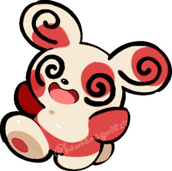 @_@ chibi chibi_only commentary_request full_body gen_3_pokemon kawaanago lowres nintendo open_mouth pokemon pokemon_(creature) pokemon_focus smile solo spinda spiral-only_eyes standing standing_on_one_leg transparent_background twitter_username