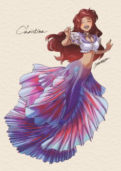 1girl arms_up artist_name between_breasts blush breasts character_name choker closed_eyes commentary_request commission crop_top frills groin highres long_hair medium_breasts mermaid monster_girl nail_polish navel open_mouth original red_hair siamese_fighting_fish signature smile solo soramaru_ell strap_between_breasts vgen_commission