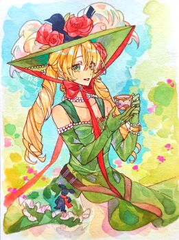 :d artist_name bare_shoulders blonde_hair blue_sky bow chinstrap cup dated dress drill_hair elbow_gloves flower gloves green_dress green_eyes green_gloves green_hat hat hat_feather highres holding holding_cup long_hair low_twintails open_mouth painting_(medium) picture_hat plant red_bow red_flower reverse:1999 sangyi sky sleeveless sleeveless_dress smile sotheby traditional_media twin_drills twintails watercolor_(medium)