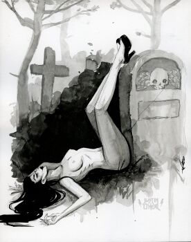 1girl artist_logo breasts closed_eyes completely_nude graveyard greyscale high_heels highres justin_o&#039;neal legs_up logo long_hair lying monochrome nipples nude on_back on_ground original painting_(medium) solo tombstone traditional_media tree watercolor_(medium)