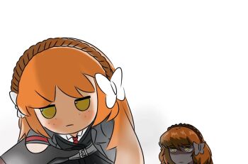 1girl 1other belt black_coat black_gloves blush coat dante_(limbus_company) doll freckles fumo_(doll) gloves glowing glowing_eyes grey_belt hair_ribbon hairband holding holding_doll ishmael_(project_moon) lcb_uniform_(project_moon) limbus_company long_hair meme ngrider orange_hair portrait project_moon red_sleeves ribbon shaded_face shirt sidelocks sparkle_doll_onahole_(meme) white_background white_ribbon white_shirt yellow_eyes