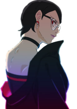 Rule 34 | 1girl, black choker, black hair, black jacket, blurry, boruto: two blue vortex, choker, ebata kyouhei, frown, glasses, highres, jacket, looking back, mangekyou sharingan, naruto (series), off shoulder, red eyes, sharingan, short hair, shoulder blades, solo, strapless, tube top, uchiha sarada, uchiha symbol
