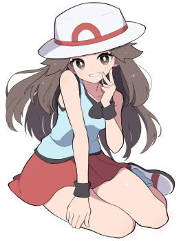 Rule 34 | 1girl, bare shoulders, blue shirt, breasts, brown eyes, brown hair, collarbone, commentary request, grin, hat, hiyoshipow, leaf (pokemon), long hair, looking at viewer, loose socks, nintendo, open mouth, pokemon, pokemon frlg, porkpie hat, red skirt, shirt, shoes, simple background, sitting, skirt, sleeveless, sleeveless shirt, smile, socks, teeth, white background, white hat, wristband, yokozuwari