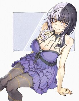 1girl alternate_costume black_hair black_nails black_pantyhose black_ribbon breasts cleavage closed_mouth dress grey_hair highres hololive hololive_english huge_breasts igalimax jewelry long_hair multicolored_hair pantyhose purple_dress ribbon ring shiori_novella smile solo split-color_hair two-tone_hair virtual_youtuber yellow_eyes