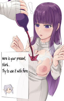 ! 1boy =_= absurdres bandaged_hand bandages blunt_bangs bottle breasts chibi chibi_inset collar commentary dissolving_clothes dress english_commentary english_text fern_(sousou_no_frieren) frieren frilled_collar frills grey_hair hands_up highres holding holding_bottle i_rei_za large_breasts long_dress long_hair long_sleeves looking_down nipples open_mouth potion purple_eyes purple_hair sidelocks sousou_no_frieren stark_(sousou_no_frieren) straight_hair surprised twintails white_background white_dress