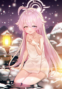 1girl :d absurdres ahoge alternate_costume bare_shoulders blue_archive blurry bucket collarbone commentary_request depth_of_field hair_between_eyes halo heterochromia highres hoshino_(blue_archive) in_water lantern long_hair looking_at_viewer naked_towel night on_rock onsen open_mouth outdoors picter rock sidelocks sitting sleeveless smile snow snowing solo steam towel very_long_hair wooden_bucket