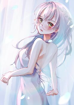 1girl absurdres bare_back bare_shoulders bride commentary_request glasses green_eyes grey_hair heaven_burns_red highres izumi_yuki_(heaven_burns_red) long_hair myth_saka twitter_username yuri