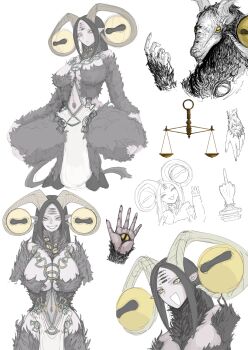 1boy 1girl :3 absurdres animal_ears balance_scale black_hair body_piercings breasts cleavage disembodied_eye dogbane elden_ring elden_ring_nightreign extra_eyes genderswap genderswap_(mtf) goat_ears goat_horns goat_legs highres hooves horizontal_pupils horns large_breasts libra_(elden_ring) madness_affliction_(elden_ring) middle_finger monster monster_focus monster_girl multiple_views sketch squatting very_big_eyes weighing_scale white_background yellow_eyes