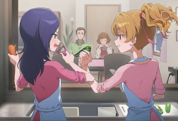 1boy 3girls blush brown_eyes brown_hair carrot chair commentary_request eyelashes food fresh_precure! hair_ornament happy higashi_setsuna highres kitchen living_room long_hair looking_at_another momozono_ayumi momozono_keitarou momozono_love multiple_girls pink_eyes precure purple_hair short_hair sitting smile standing twintails vegetable yuzu_sato