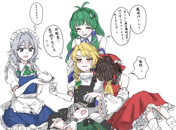 antenna_hair apron ascot bare_shoulders black_bow black_bowtie black_skirt black_vest blonde_hair blue_dress blue_eyes blush bow bowtie braid brown_hair choko_(cup) cup detached_sleeves dress drunk frills frog_hair_ornament green_hair green_vest grey_hair hair_ornament hair_ribbon hair_tubes hakurei_reimu hands_on_another&#039;s_shoulders head_on_another&#039;s_shoulder highres izayoi_sakuya kirisame_marisa kochiya_sanae konpaku_youmu lap_pillow long_hair maid maid_apron maid_headdress majime_na_gakuinsei medium_hair red_bow red_shirt red_skirt ribbon seiza shirt short_sleeves single_hair_tube sitting skirt sleeping sleeveless sleeveless_shirt smile snake_hair_ornament speech_bubble tokkuri touhou translation_request twin_braids vest white_background white_shirt yellow_ascot yellow_eyes
