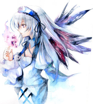 Rule 34 | 1girl, blue dress, blue hairband, closed mouth, commentary request, cowboy shot, detached collar, dress, fire, flower, fragran0live, frilled hairband, frills, from side, hair flower, hair ornament, hairband, long hair, long sleeves, neck ribbon, painting (medium), profile, purple eyes, pyrokinesis, ribbon, rozen maiden, solo, suigintou, traditional media, watercolor (medium), white background, white flower, white hair, wings