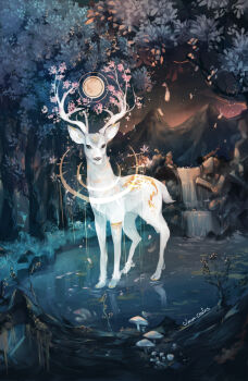 animal_ears cherry_blossoms cryptid deer deer_ears energy forest highres mushroom nature night nosleepforthewatcher original planet sky tree water waterfall white_fur wooden_floor
