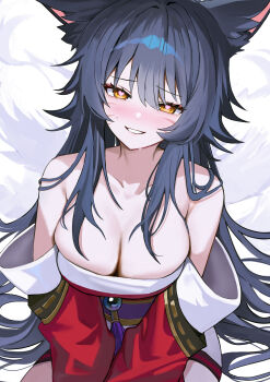 1girl absurdres ahri_(league_of_legends) animal_ear_fluff animal_ears bare_shoulders black_hair blush breasts cleavage collarbone commentary cowboy_shot detached_sleeves dress facial_mark fox_ears fox_girl fox_tail grin heart heart-shaped_pupils highres kitsune korean_clothes large_breasts league_of_legends long_hair looking_at_viewer multiple_tails nose_blush pelicana red_dress sidelocks sitting smile solo sweat symbol-only_commentary symbol-shaped_pupils tail v_arms whisker_markings white_background yellow_eyes