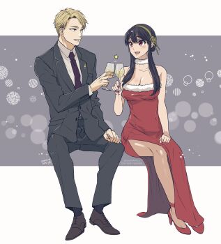 1boy 1girl absurdres bare_arms bare_shoulders black_hair blonde_hair blue_eyes breasts christmas cleavage collared_shirt commentary_request couple cup dated dress dress_pants evening_gown flower formal_clothes full_body fur-trimmed_dress fur_trim gold_hairband hair_flower hair_ornament hairband hetero high_heels highres holding holding_cup husband_and_wife jacket large_breasts long_dress long_hair looking_at_another necktie open_mouth pants pantyhose red_dress red_eyes red_nails red_shoes santa_costume santa_dress shirt shoes sidelocks sitting sleeveless sleeveless_dress spy_x_family star_(symbol) suit takehide twilight_(spy_x_family) yor_briar