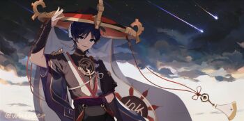 Rule 34 | 1boy, arm at side, armor, black bodysuit, black hair, black hat, black kimono, black mask, black sleeves, blue eyes, blunt ends, bodysuit, choppy bangs, cloud, cloudy sky, commentary, english commentary, furisode, genshin impact, gold, gold trim, grey veil, hat, japanese armor, japanese clothes, jewelry, jingasa, juban, kimono, kote, kurokote, layered sleeves, looking at viewer, lower teeth only, male focus, mandarin collar, mask on hat, mitsudomoe (shape), neck ring, night, o-ring, open clothes, open hand, open kimono, open mouth, outdoors, parted bangs, purple rope, purple sash, purple sleeves, red hat, red kimono, red sash, rope, sash, scaramouche (genshin impact), see-through clothes, see-through veil, shimenawa, shooting star, short sleeves, single sode, sky, solo, star (sky), starry sky, tassel, teeth, tomoe (symbol), twitter username, two-tone hat, upper body, veil, whisper (suisuibingtang), white kimono, white rope