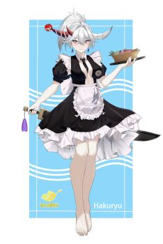 Rule 34 | absurdres, apron, artist name, asymmetrical horns, azur lane, between breasts, black dress, black necktie, blue eyes, blush, breasts, center opening, character name, commentary request, dress, earrings, food, frilled dress, frills, hair between eyes, hair on horn, hakuryuu (azur lane), hakuryuu (slice dice and serve) (azur lane), highres, holding, holding behind back, holding food, holding sword, holding sword behind back, holding weapon, holding weapon behind back, horns, jewelry, light smile, looking at viewer, maid, mismatched horns, mole, mole on breast, multiple horns, necktie, necktie between breasts, puffy short sleeves, puffy sleeves, red horns, short sleeves, sword, waist apron, weapon, white hair, white horns, zzzai