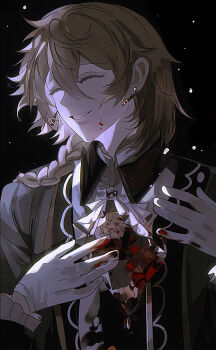 Rule 34 | 1481958711, 1boy, absurdres, ascot, black background, blonde hair, blood, blood on clothes, blood on face, braid, braided ponytail, closed eyes, coat, commentary, crying, earrings, fetal position, formal clothes, frilled sleeves, frills, gloves, green coat, green eyes, grin, hair between eyes, highres, jack vessalius, jewelry, long hair, looking to the side, pandora hearts, smile, symbolism, upper body, water drop, white ascot, white gloves