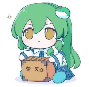 1girl azuma_meri bare_shoulders blue_shoes blue_skirt blush box c: chibi collared_shirt commentary_request detached_sleeves donation_box double-parted_bangs frog_hair_ornament full_body fumo_(doll) green_hair green_hairband hair_ornament hair_tubes hairband highres kochiya_sanae long_hair long_sleeves patterned_clothing print_skirt shirt shoes simple_background single_hair_tube single_sidelock skirt skirt_set sleeveless sleeveless_shirt smile snake_hair_ornament solo sparkle touhou v-shaped_eyebrows white_background wide_sleeves yellow_eyes