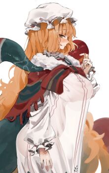 1girl absurdres bow bowtie breasts christmas_nightmare_(e.g.o) dress e.g.o_(project_moon) frilled_sleeves frills hat highres huge_breasts ishmael_(project_moon) limbus_company long_hair long_sleeves mob_cap orange_hair project_moon puffy_long_sleeves puffy_sleeves saeda8e shawl sidelocks solo striped_bow striped_bowtie striped_clothes tentacles very_long_hair white_dress