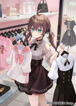 Rule 34 | + +, 1girl, ahoge, aqua eyes, black choker, black ribbon, bow, bowtie, braid, brown bow, brown bowtie, brown hair, brown skirt, choker, closed mouth, clothes shop, clothing cutout, collared shirt, commentary request, copyright notice, double-parted bangs, drill hair, earrings, flower earrings, frilled shirt collar, frills, grey shirt, hair between eyes, hair ribbon, high-waist skirt, holding, holding unworn clothes, hololive, indoors, jewelry, kumajyayo, lace, lace sleeves, long hair, miniskirt, nail polish, natsuiro matsuri, natsuiro matsuri (casual), official alternate costume, official alternate hairstyle, official art, pink nails, pink sailor collar, plaid clothes, plaid shirt, puffy short sleeves, puffy sleeves, ribbon, sailor collar, sailor shirt, see-through clothes, see-through sleeves, shirt, shirt tucked in, short sleeves, shoulder cutout, side braid, skirt, smile, solo, twin drills, twintails, virtual youtuber, white shirt