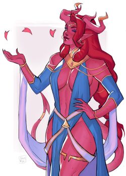 1girl artist_name breasts commentary critical_role dungeons_&amp;_dragons dungeons_&amp;_dragons english_commentary eyeshadow freckles hand_on_own_hip hand_up highres horns jewelry lipstick long_hair low-tied_long_hair makeup marion_lavorre medium_breasts mole mole_under_mouth one_eye_closed petals pointy_ears red_hair red_horns red_lips revealing_clothes samjyx solo tail the_mighty_nein thighlet white_background