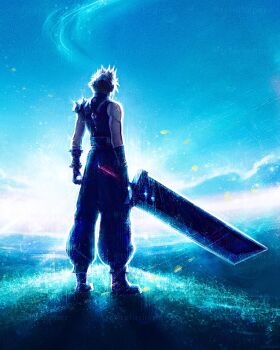 1boy absurdres armor baggy_pants blonde_hair blue_sky buster_sword cloud_strife commentary english_commentary final_fantasy final_fantasy_vii final_fantasy_vii_remake from_behind full_body grass highres holding holding_sword holding_weapon huge_weapon male_focus pants short_hair shoulder_armor single_bare_shoulder sky solo spiked_hair standing sword tylor_hepner weapon