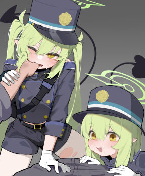 1boy 2girls absurdres blue_archive blue_hat blue_shorts blush demon_tail fang ffm_threesome finger_in_another&#039;s_mouth gloves green_hair green_halo grey_background group_sex halo hat hei_tudou hetero highres hikari_(blue_archive) long_hair long_sleeves looking_at_viewer multiple_girls nozomi_(blue_archive) one_eye_closed open_mouth pantyhose pointy_ears pov shorts siblings simple_background sisters skin_fang sleeves_rolled_up tail threesome torn_clothes torn_pantyhose twintails very_long_hair white_gloves white_pantyhose yellow_eyes