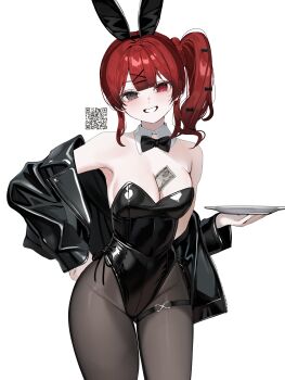 Rule 34 | 1girl, absurdres, akadajohnson02, animal ear hairband, animal ears, between breasts, black bow, black bowtie, black jacket, black leotard, black pantyhose, blunt bangs, bow, bowtie, breasts, commentary request, detached collar, fake animal ears, grey eyes, grin, hairband, heterochromia, highres, jacket, jacket partially removed, leotard, money between breasts, original, pantyhose, playboy bunny, qr code, rabbit ears, red hair, side-tie leotard, side ponytail, simple background, smile, solo, strapless, strapless leotard, tray, watermark, white background