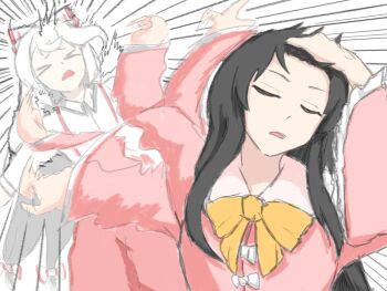 Rule 34 | > <, 2girls, adjusting hair, afterimage, arm up, black hair, bow, closed eyes, collared shirt, commentary, d:, english commentary, fighting, frilled sleeves, frills, fujiwara no mokou, hair bow, hair ribbon, hair slicked back, hand in own hair, hand on own head, highres, hitting, houraisan kaguya, jujutsu kaisen, long hair, long sleeves, meme, motion blur, motion lines, multiple girls, multiple hair bows, naoya hitting choso without looking (meme), open mouth, parody, pink shirt, punching, raised inner eyebrows, rapid punches, red trim, ribbon, scene reference, shirt, simple background, slapping, smear frame, speed lines, suspenders, teeth, touhou, upper body, upper teeth only, very long hair, white background, white bow, white hair, white ribbon, white shirt, wide sleeves, wjjw1732, yellow bow