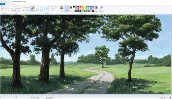 art_program_in_frame blue_sky christian_young dappled_sunlight day english_text forest grass highres landscape microsoft_paint_(medium) microsoft_paint_(software) nature no_humans original outdoors painterly path road scenery screencap sky sunlight tree