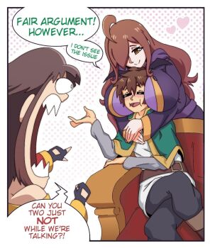 1boy 2girls ahoge bare_shoulders belt between_breasts blush breasts brown_hair coat couch heart hug hug_from_behind ivan_the_goose kono_subarashii_sekai_ni_shukufuku_wo! large_breasts long_hair megumin multiple_girls one_eye_covered pants satou_kazuma sharp_teeth short_hair sitting teeth third-party_edit wiz_(konosuba)