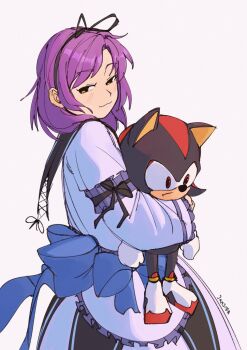 1girl 3amsoda :3 arm_cuffs black_ribbon blue_bow blush bow character_doll closed_mouth commentary cowboy_shot crossover doll dress eiyuu_densetsu english_commentary frilled_dress frills from_side grey_background hair_ribbon half-closed_eyes highres holding holding_doll large_bow lolita_fashion looking_at_viewer parted_bangs purple_hair renne_(eiyuu_densetsu) ribbon shadow_the_hedgehog short_hair signature simple_background smirk smug solo sora_no_kiseki standing white_dress yellow_eyes