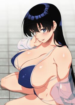 1girl absurdres arato_nagi bare_shoulders bikini black_hair blue_bikini blue_eyes blush breasts cleavage collarbone commentary_request cross-laced_bikini cross-laced_clothes earrings from_above halterneck highres jewelry large_breasts long_hair looking_at_viewer mattari_yufi multi-strapped_bikini_bottom navel open_mouth ruri_no_houseki seductive_gaze seductive_smile sideboob sitting smile solo strap_gap stud_earrings swimsuit wariza