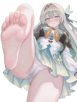 1girl barefoot black_hairband black_jacket breasts commentary_request feet firefly_(honkai:_star_rail) foot_focus green_skirt grey_hair hairband honkai:_star_rail honkai_(series) jacket long_hair miyashirokiyu panties purple_eyes shirt simple_background skirt solo standing standing_on_one_leg underwear white_background white_panties white_shirt